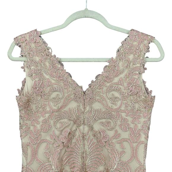 Tadashi Shoji Beige Pink Embroidery Lace V-Neck‎ Sleeveless Cocktail Dress 2 - Picture 3 of 8